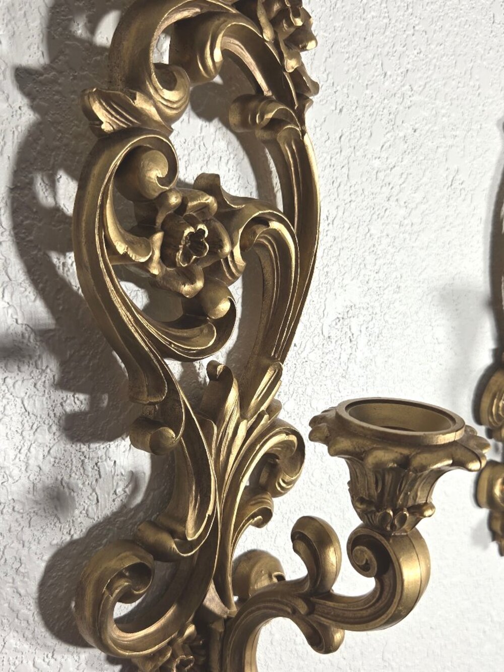 Vintage Gold Hollywood Regency Candle Sconces - 1971 Homco Resin Wall Decor - Picture 4 of 9